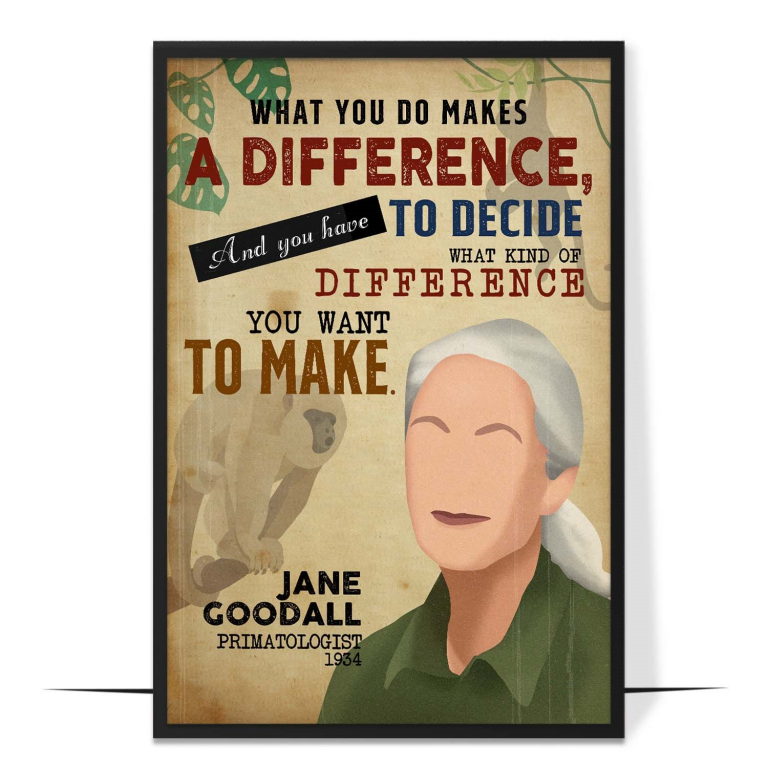 Jane Goodall hand-drawn portrait poster — A clean faceless portrait in warm tones, honou