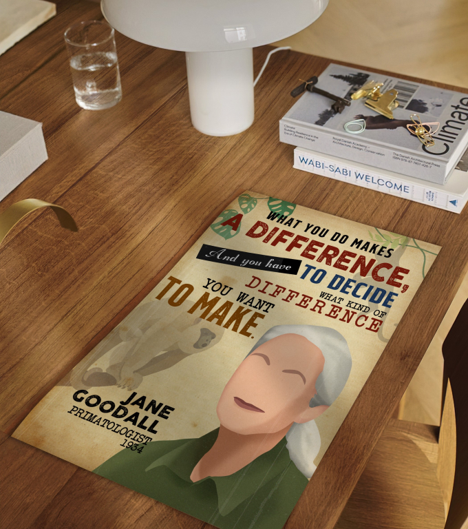 Jane Goodall poster framed and displayed in a classroom