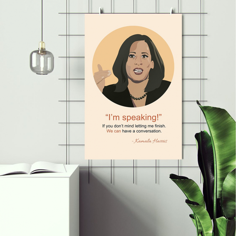 Kamala Harris poster framed and displayed in a classroom