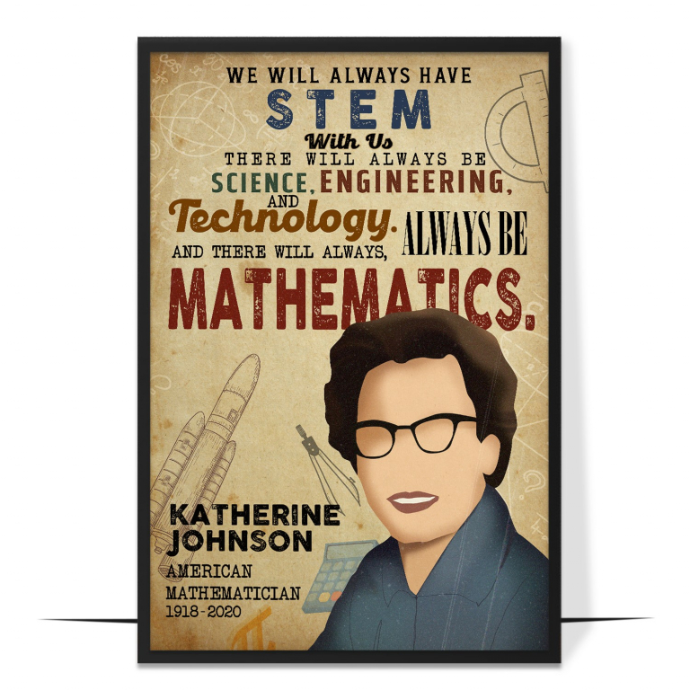Katherine Johnson hand-drawn portrait poster — A clean faceless portrait in warm tones, honou