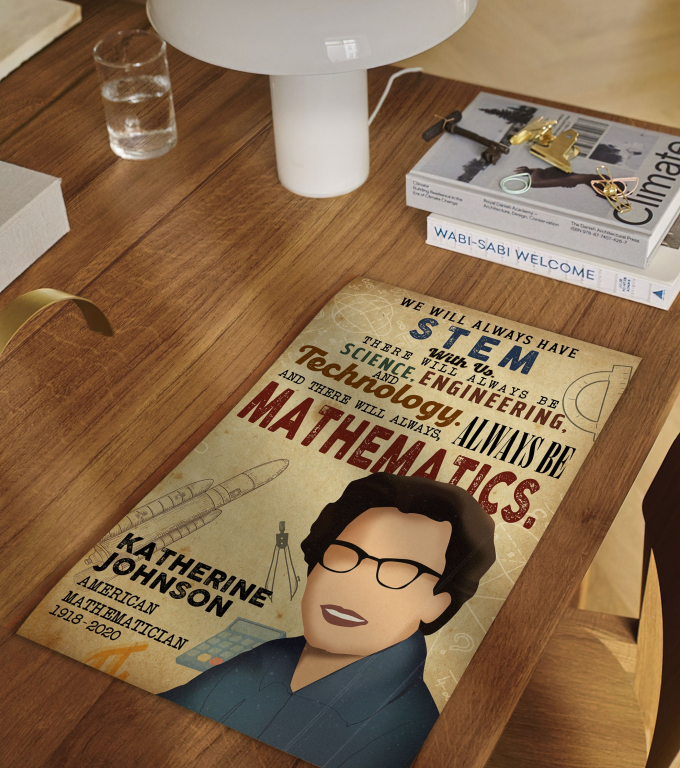 Katherine Johnson poster framed and displayed in a classroom
