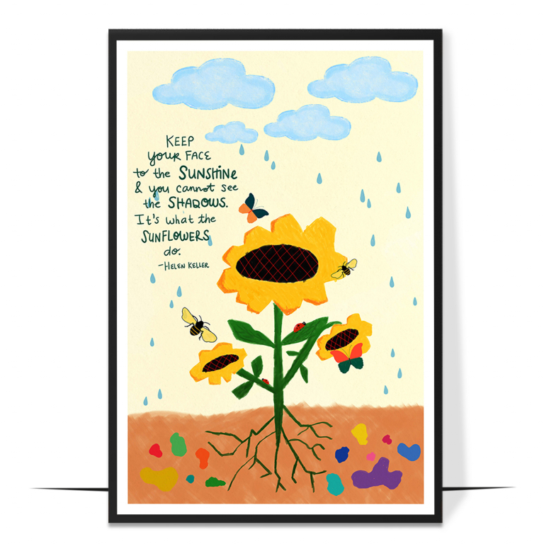 Keep Your Face to the Sunshine hand-drawn wall art print — A bold, rainbow-bright sunburst framing the