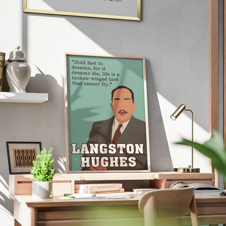 Langston Hughes poster framed and displayed in a reading nook
