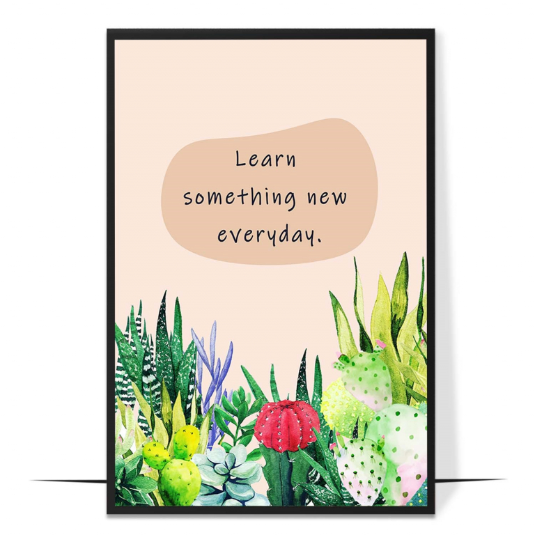 Learn Something New hand-drawn botanical print — Soft botanical leaves framing a message abou