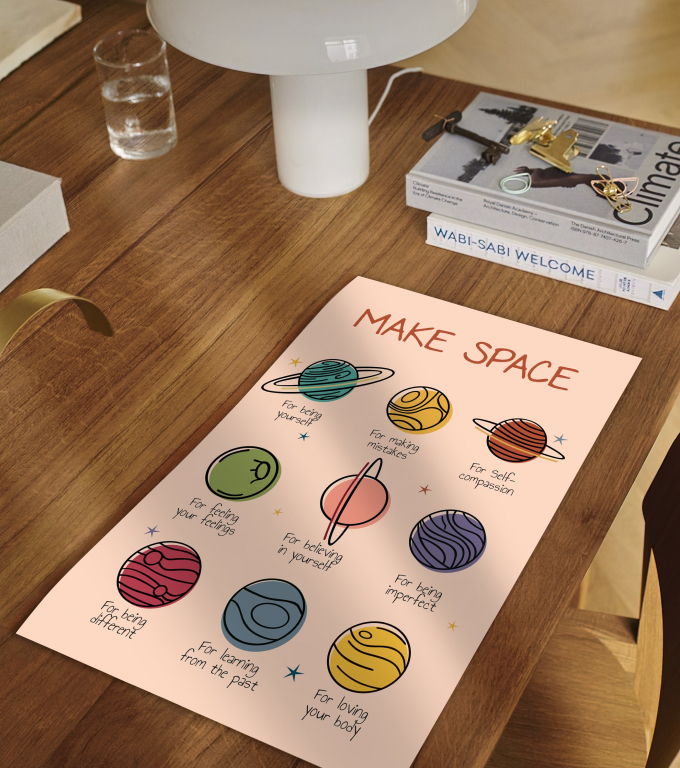 Make Space boho print framed and displayed in a classroom