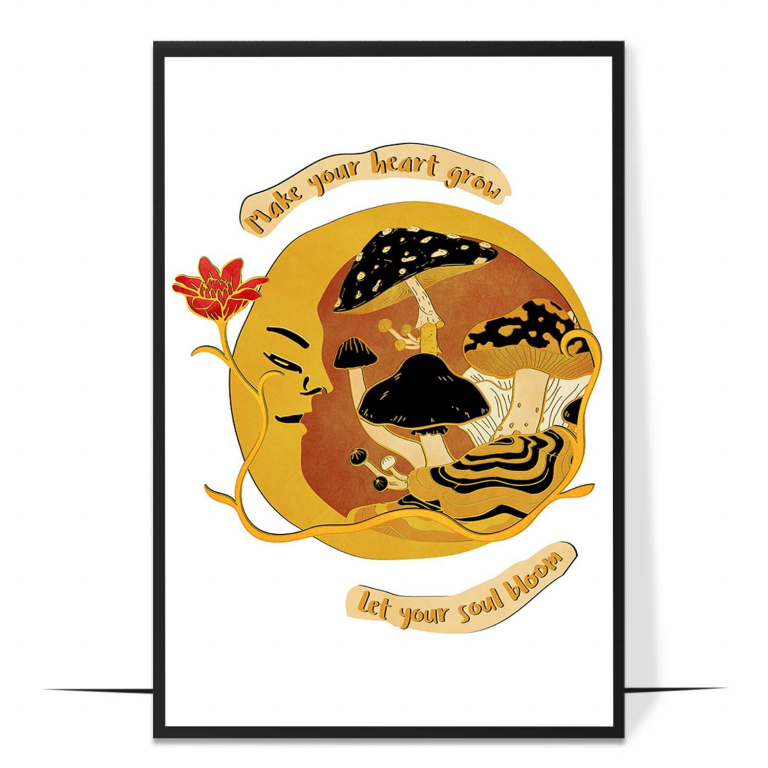 Make Your Heart Grow hand-drawn wall art print — A celestial hippie figure surrounded by bloo