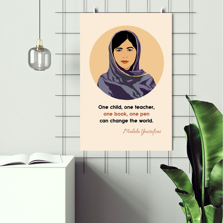 Malala Yousafzai poster framed and displayed in a home office