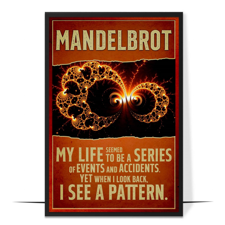 Benoit Mandelbrot hand-drawn portrait poster — A clean faceless portrait beside bold hand-let