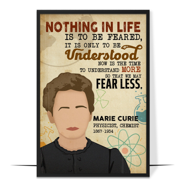 Marie Curie hand-drawn portrait poster — A clean faceless portrait in warm tones, honou