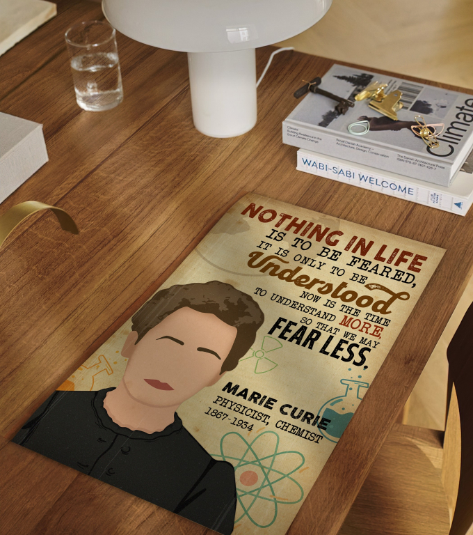 Marie Curie poster framed and displayed in a classroom