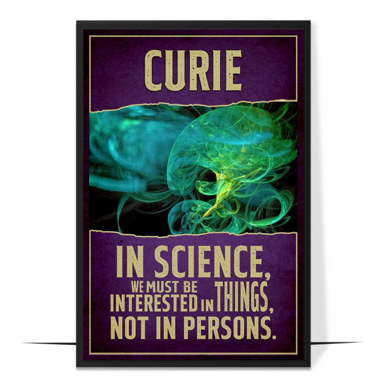 Marie Curie hand-drawn portrait poster — A clean faceless portrait beside bold hand-let