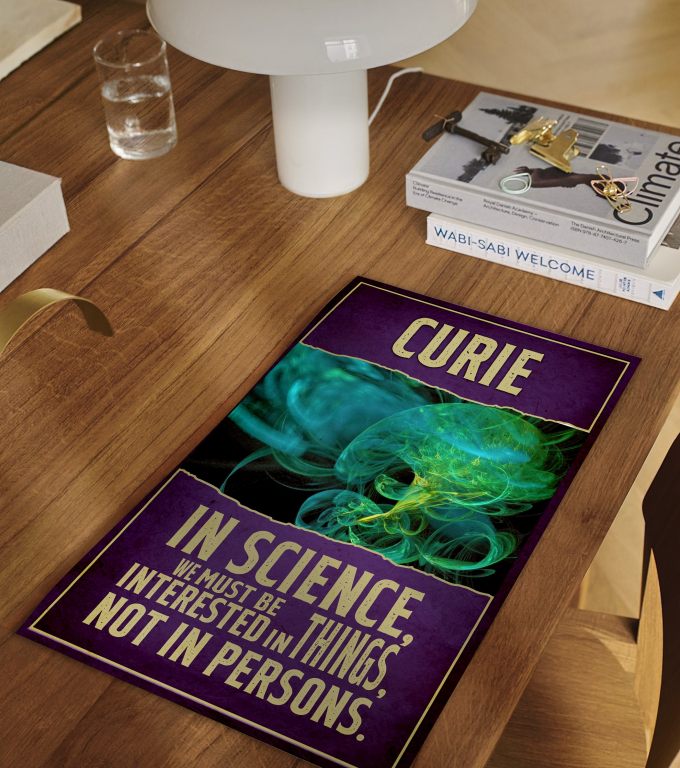Marie Curie poster framed and displayed in a classroom