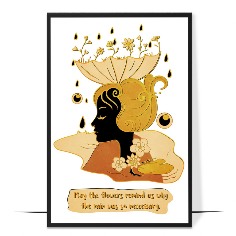 May the Flowers Remind Us hand-drawn wall art print — A celestial hippie figure amid blooming, swi