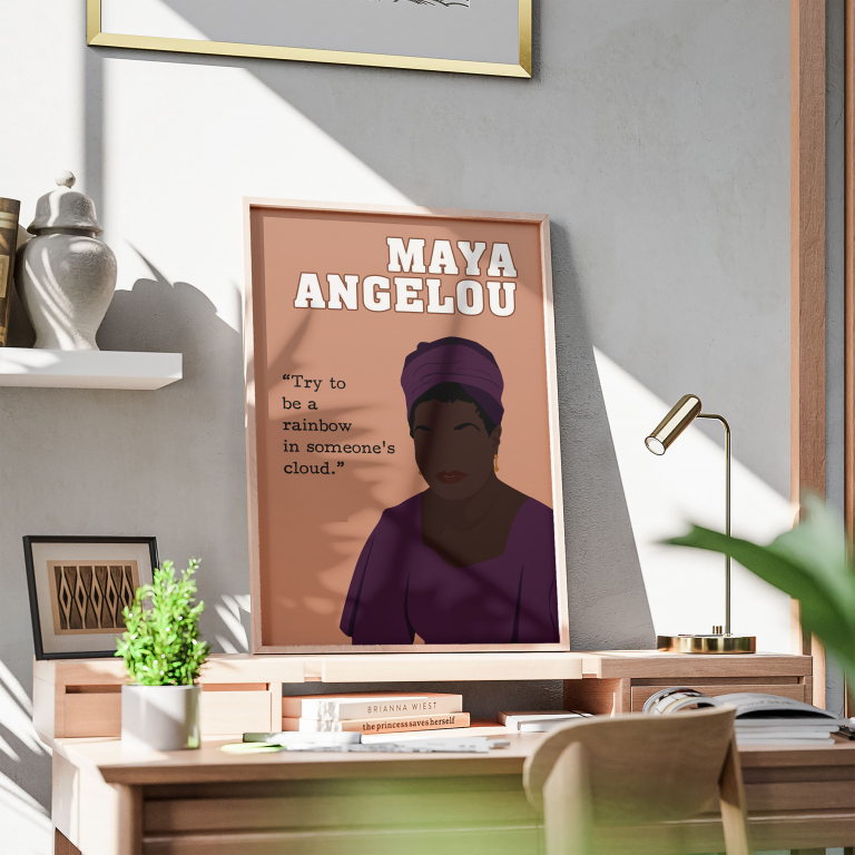 Maya Angelou poster framed and displayed in a reading nook