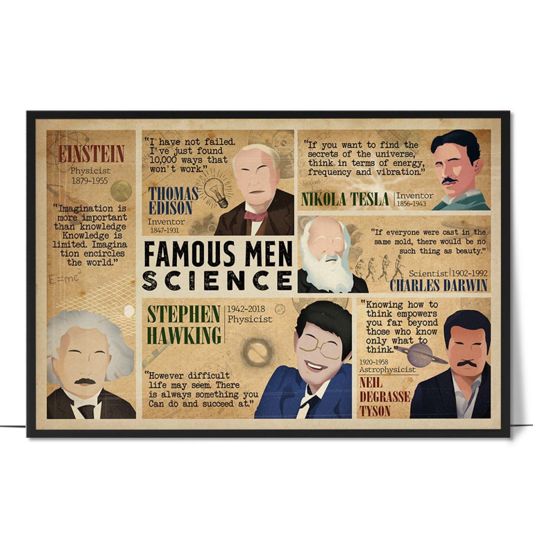 Men of Science hand-drawn portrait poster — Bold hand-lettered quotes and minimalist styli