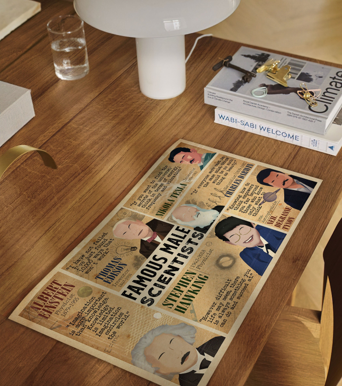 Men of Science poster framed and displayed in a classroom