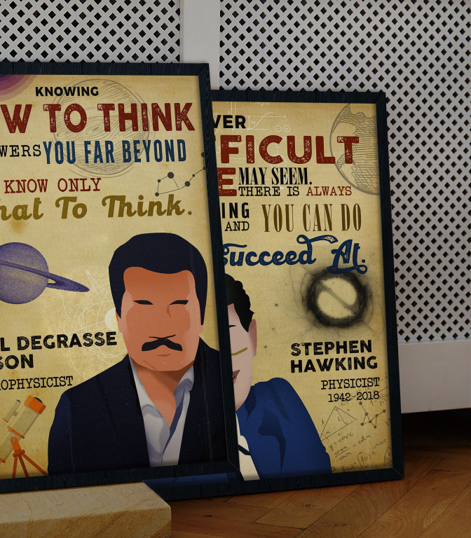 Neil deGrasse Tyson poster framed and displayed in a classroom