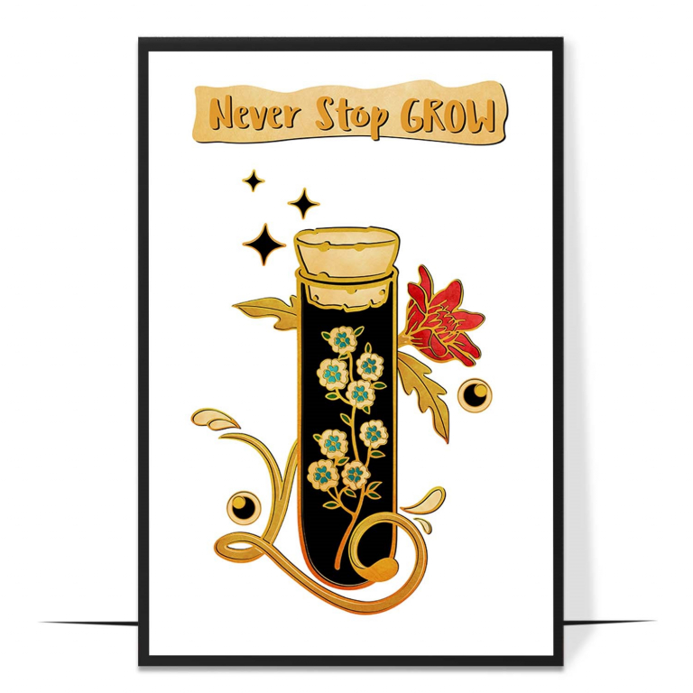 Never Stop Growing hand-drawn wall art print — A psychedelic test tube overflowing with swi