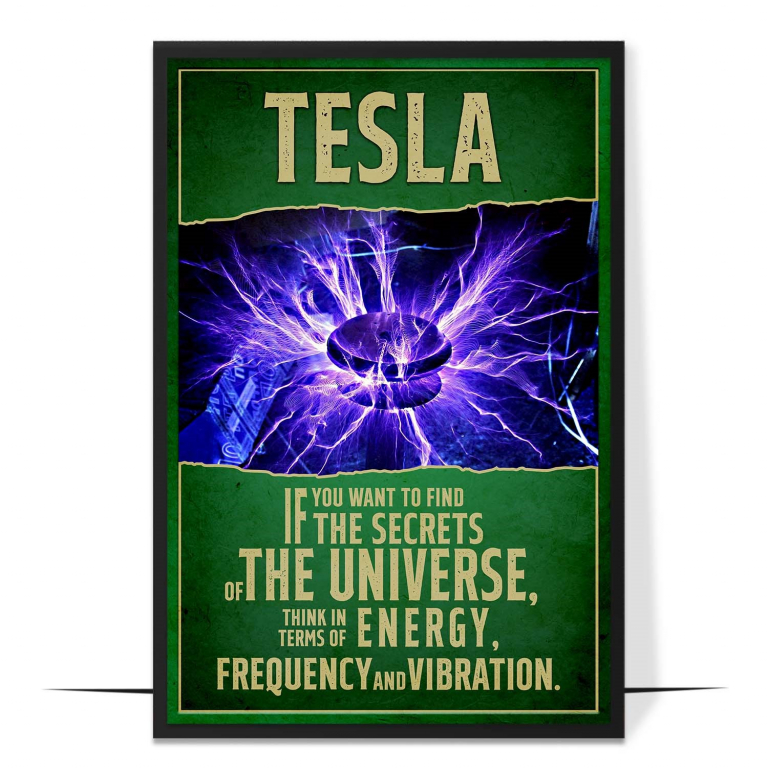 Nikola Tesla hand-drawn portrait poster — A spare faceless portrait beside bold hand-let
