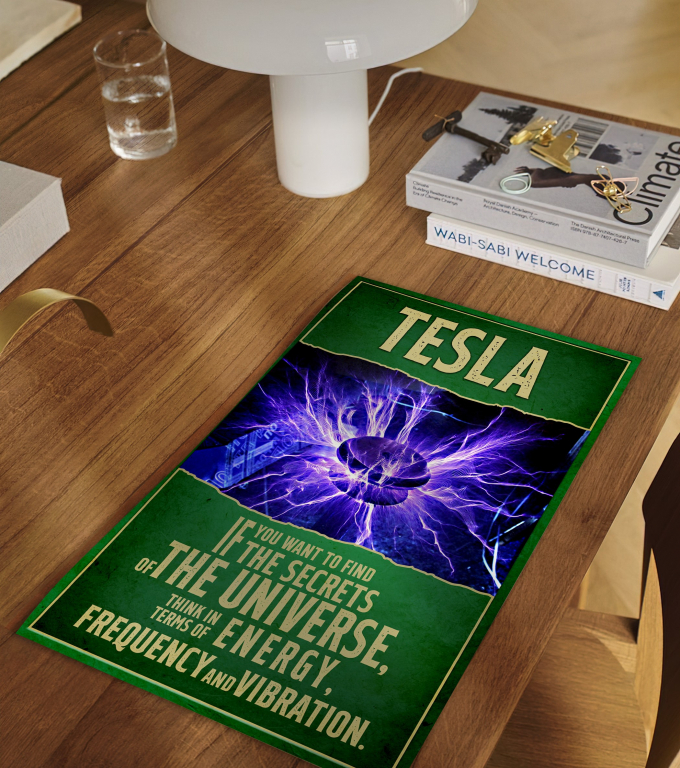 Nikola Tesla poster framed and displayed in a classroom