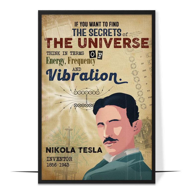 Nikola Tesla hand-drawn portrait poster — A clean faceless portrait in warm tones, celeb