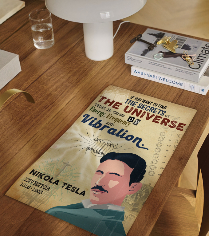 Nikola Tesla poster framed and displayed in a classroom