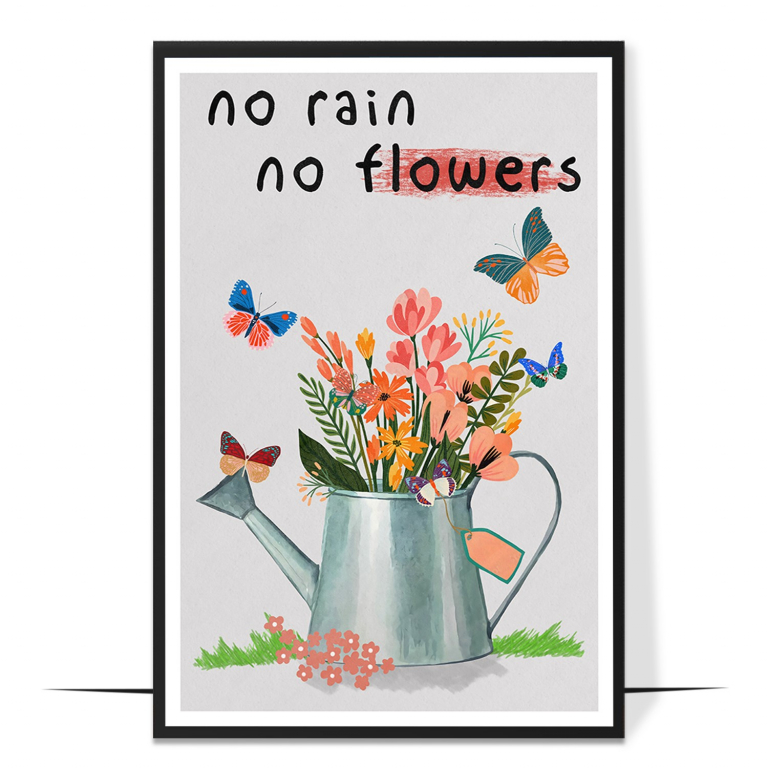 No Rain No Flowers hand-drawn wall art print — A bold, rainbow-bright bloom of rain-fed flo