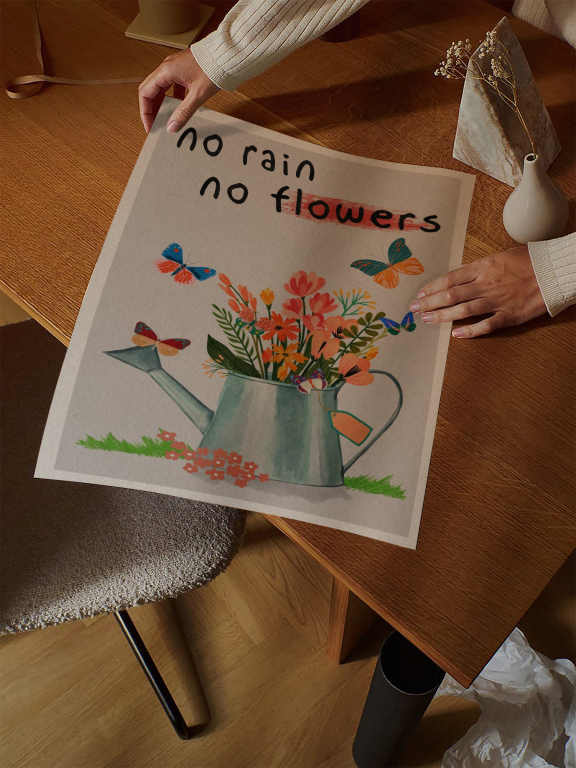 No Rain No Flowers print framed above a bed