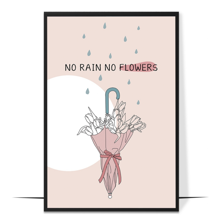 No Rain No Flowers mental health wall art — raindrops falling onto a flower-filled umbrella in soft blush pink