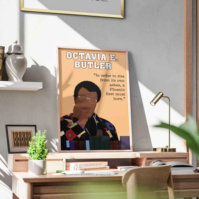 Octavia Butler poster framed and displayed in a reading nook