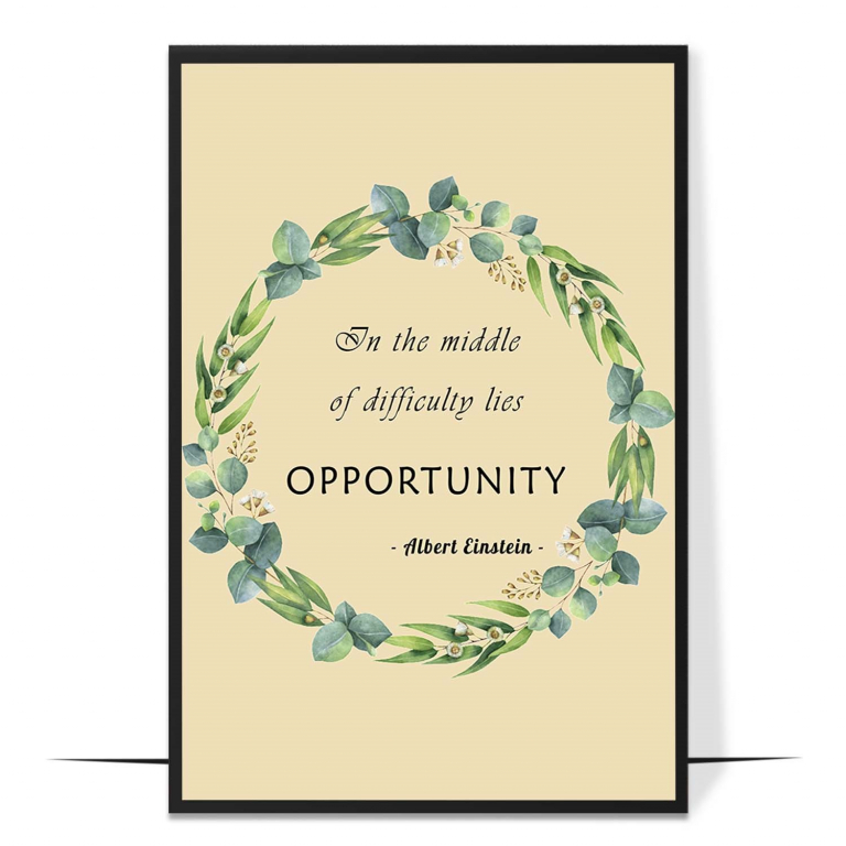 Opportunity hand-drawn botanical print — Soft botanical leaves framing the word oppor