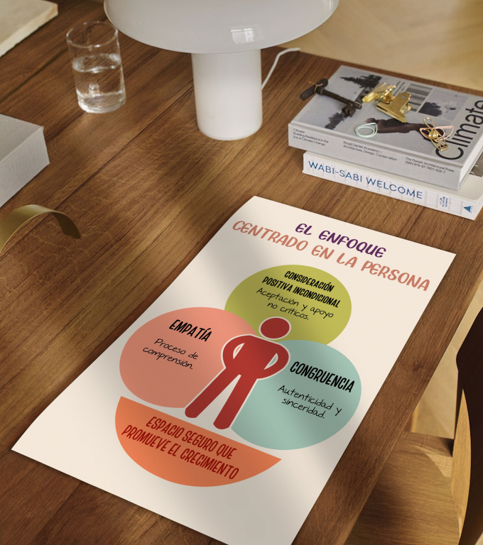Person-Centered Approach (Spanish) person-centered approach poster in Spanish framed and displayed in a counseling office