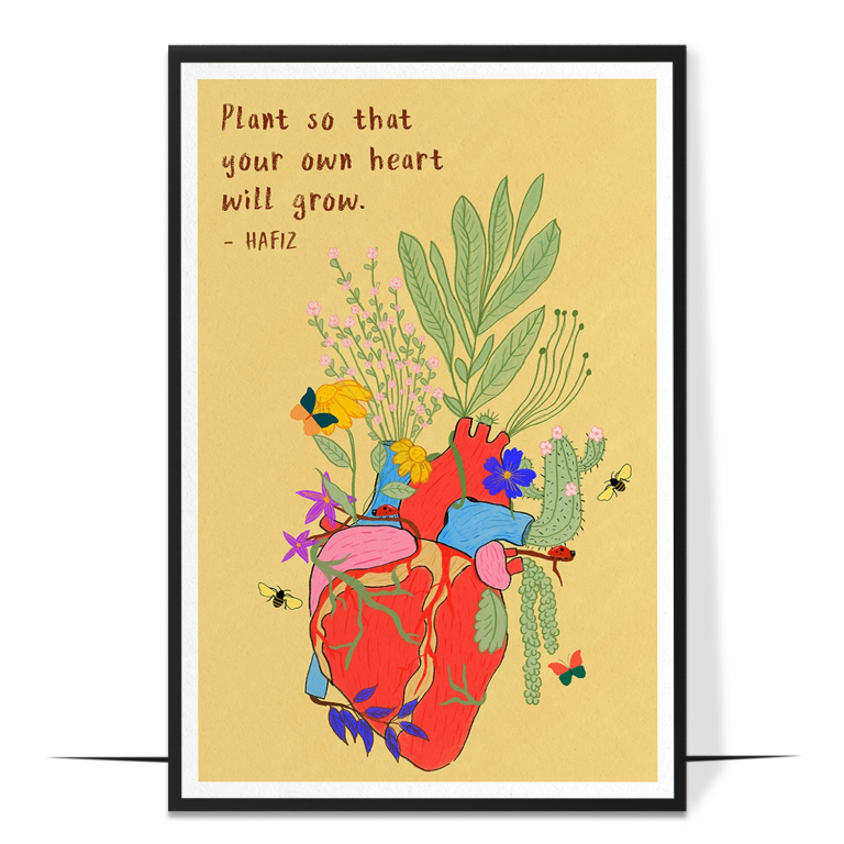 Plant Your Own Heart hand-drawn wall art print — A bold, rainbow-bright garden blooming from