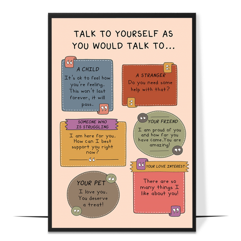 Positive self-talk poster — Warm, affirming lines of positive self-talk in a soft boho d