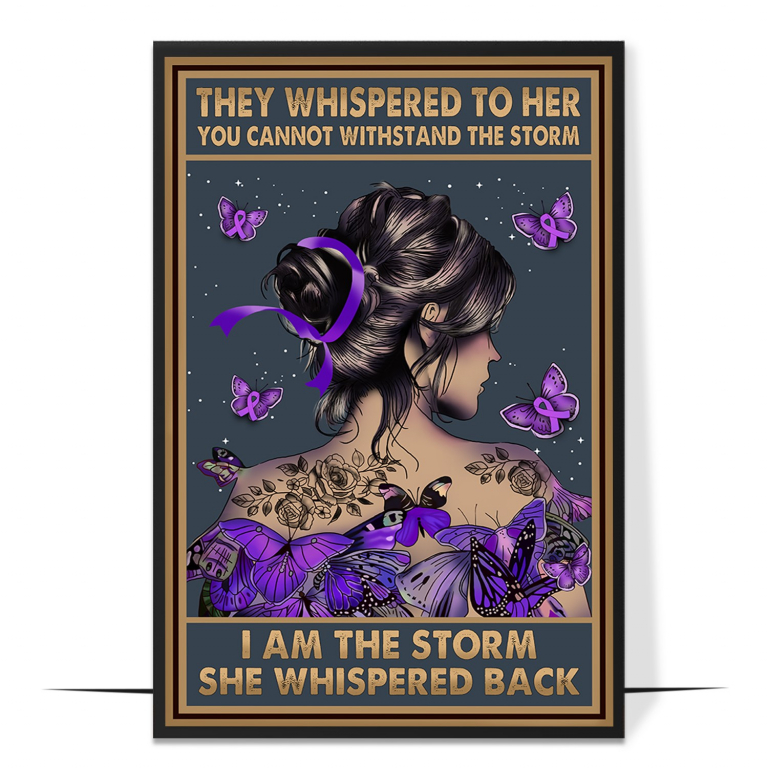 I Am the Storm Purple Ribbon hand-drawn vintage print — A hand-drawn purple ribbon and butterfly fra