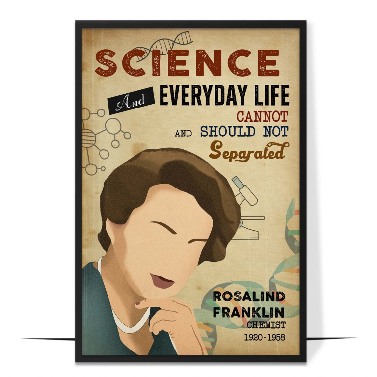 Rosalind Franklin hand-drawn portrait poster — A clean faceless portrait in warm tones, honou