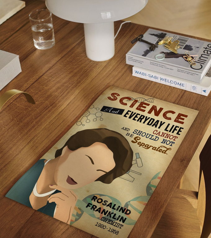 Rosalind Franklin poster framed and displayed in a classroom