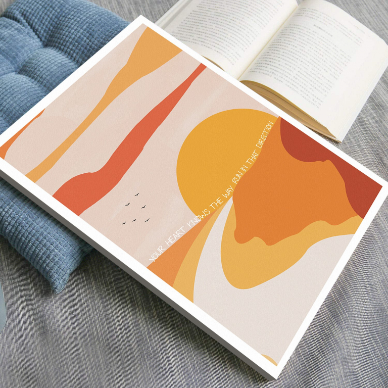 Run In That Direction print framed above a desk