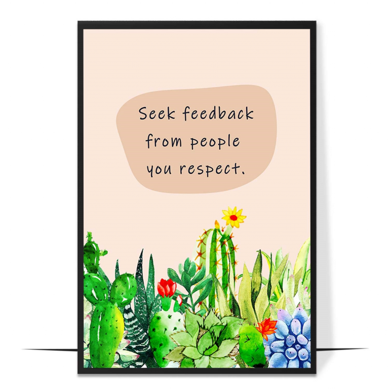 Seek Feedback hand-drawn botanical print — Soft botanical leaves framing a message abou