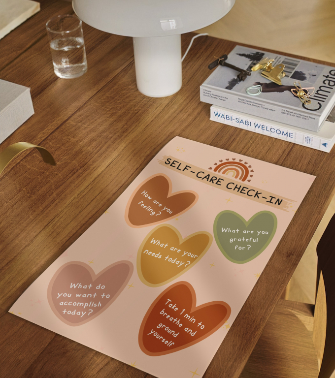 Self-Care Check-In self-care check-in poster framed and displayed in a counseling office