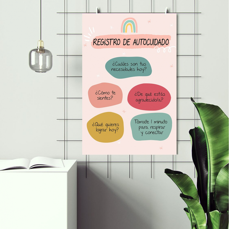 Self-Care Check-In (Spanish) self-care check-in poster in Spanish framed and displayed in a counseling office