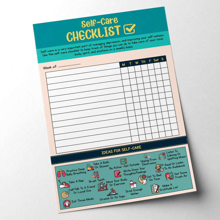 Self-Care Checklist hand-drawn therapy print — A hand-drawn fillable checklist of daily self-