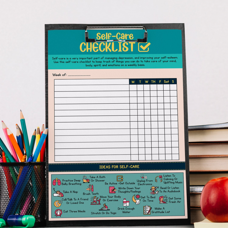 Self-Care Checklist print framed in a therapy office