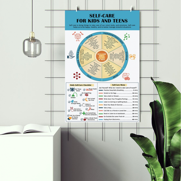 Self-Care for Kids & Teens self-care for kids poster framed and displayed in a counseling office