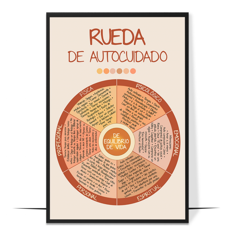 Self-care wheel poster in Spanish — A segmented well-being wheel labelled in clear Spanish