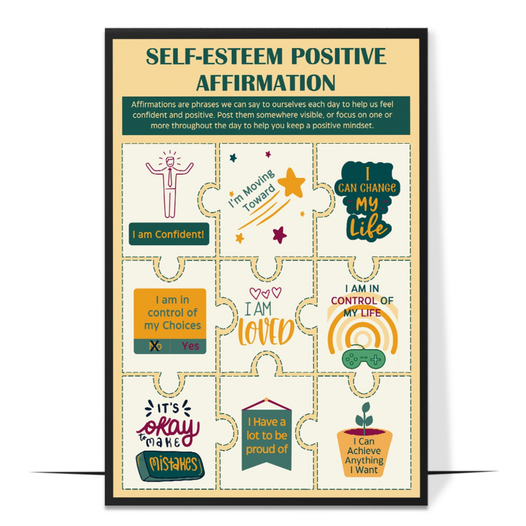 Self-Esteem Affirmations hand-drawn print — A calm, hand-drawn layout of confidence-building