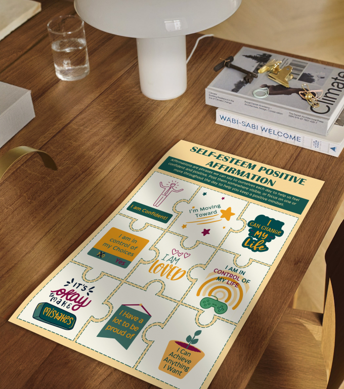 Self-Esteem Affirmations print framed and displayed in a reading nook