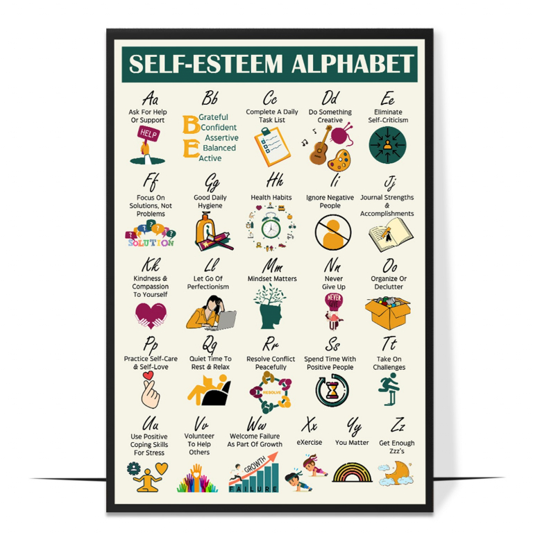 Self-esteem alphabet poster — The full alphabet turned into affirming words, giving