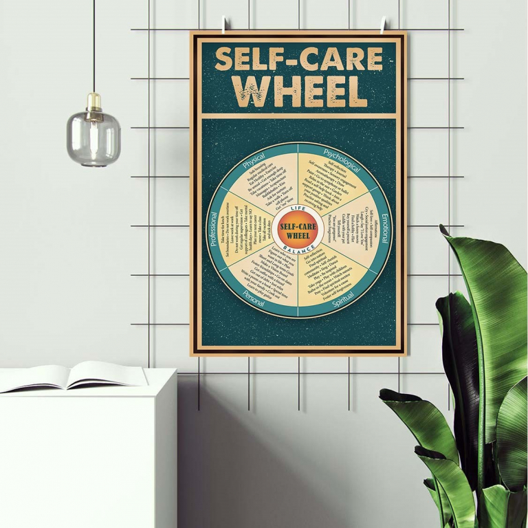 Self-Care Wheel (Vintage) vintage self-care wheel poster framed and displayed in a counseling office