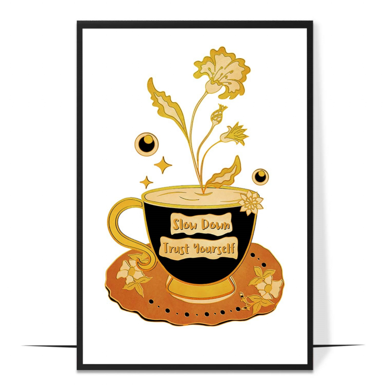 Slow Down and Trust Yourself hand-drawn wall art print — A serene celestial hippie figure amid slow,